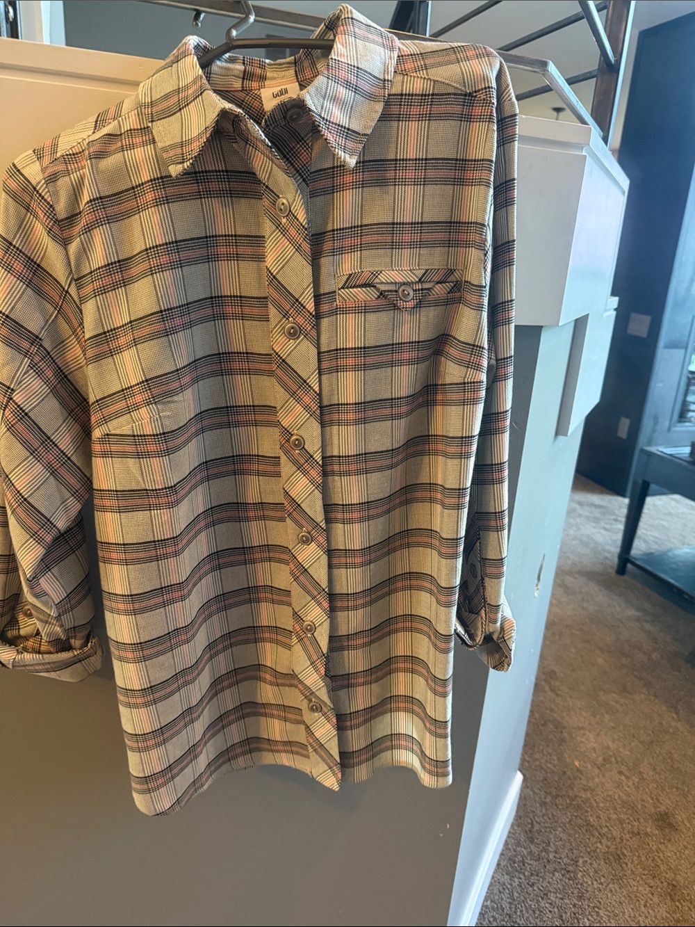 CAbi Plaid Button-Down Shirt in Beige, Pink and Black